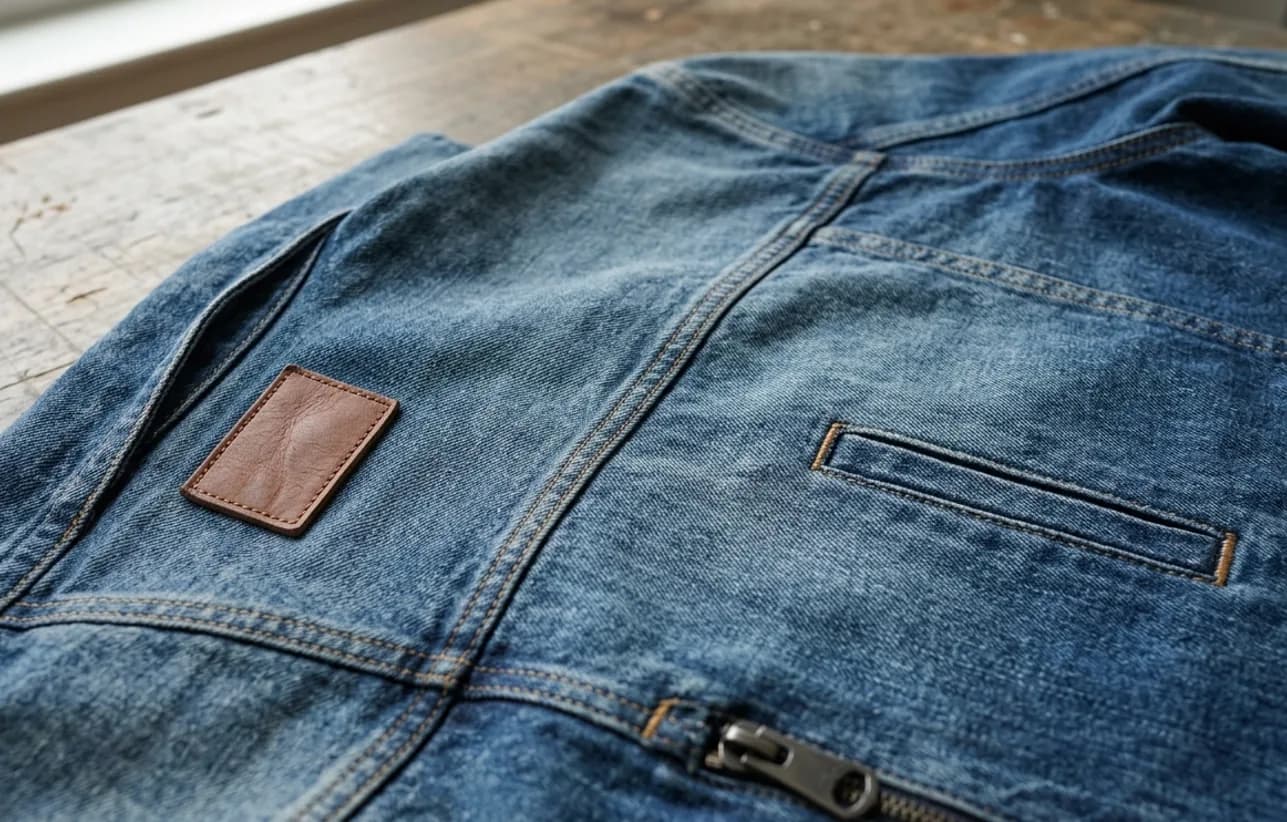 Close-up of denim jacket seams, contrast topstitching, pocket placement, and hardware.
