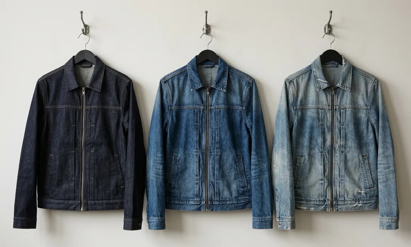 Denim jacket samples comparing wash character and shade on finished garments.