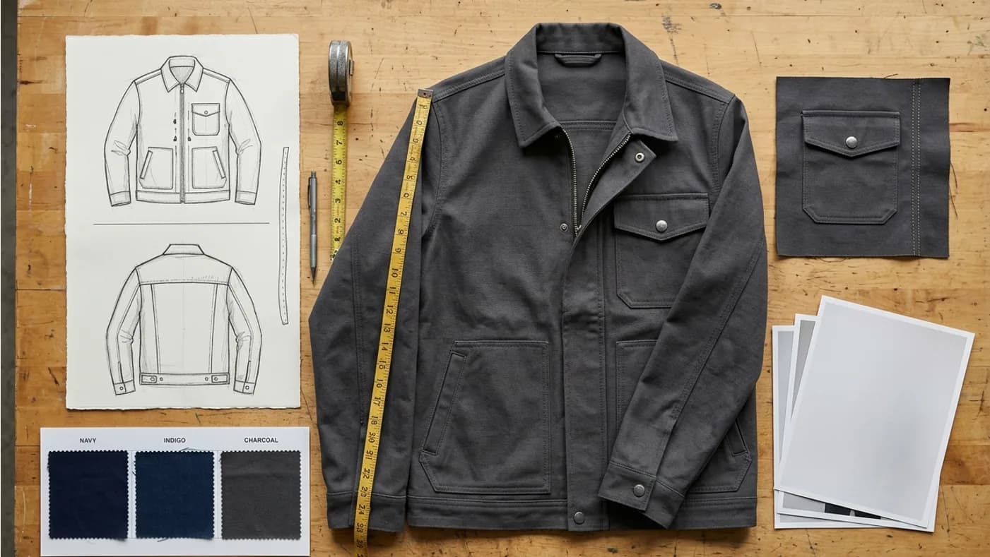 Jacket development brief with silhouette sketches, shell swatches, and fit references.