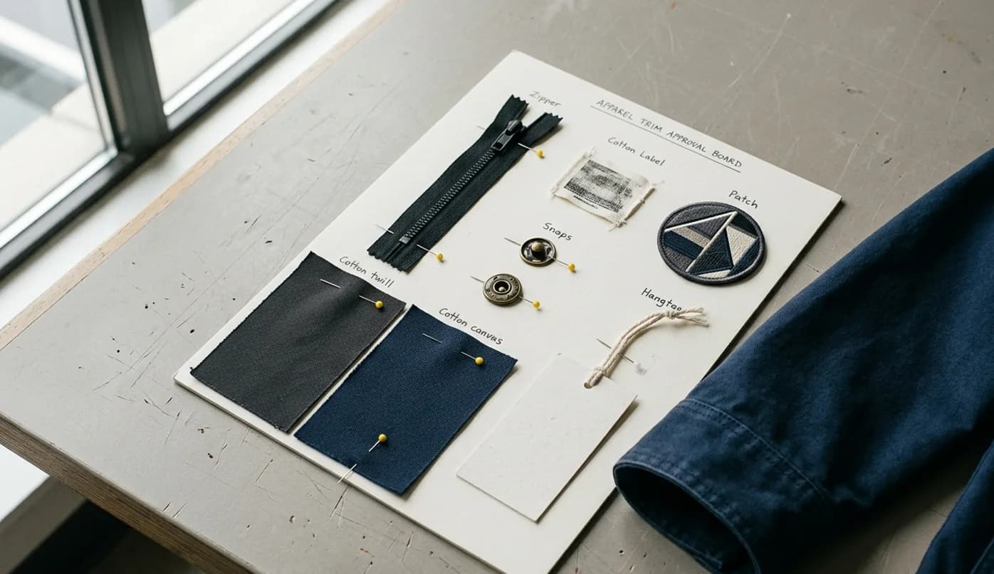 Jacket trim map showing zipper, snap, label, patch, and embroidery placement samples.