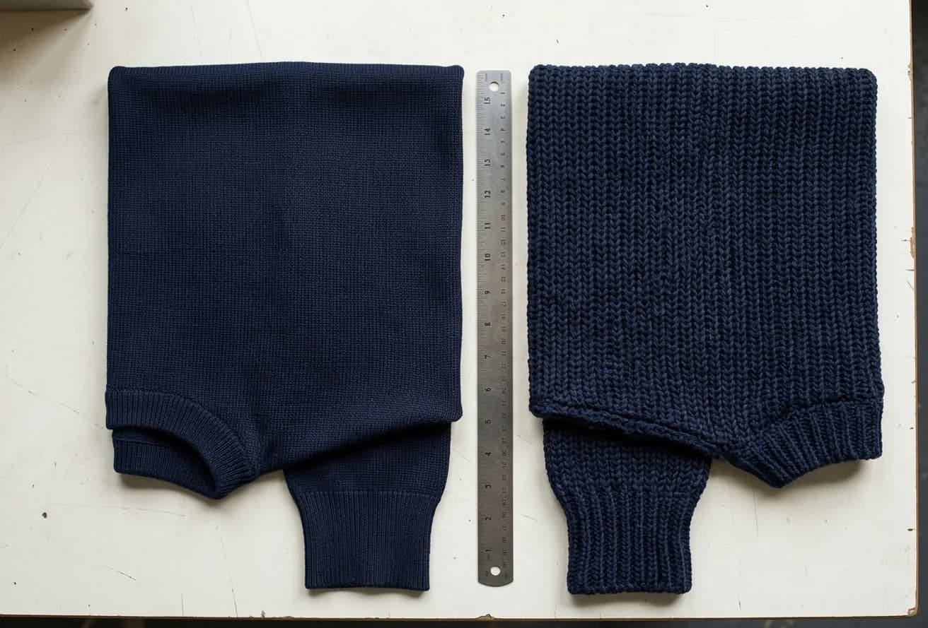 Fine and chunky knit gauge samples shown side by side for garment development.