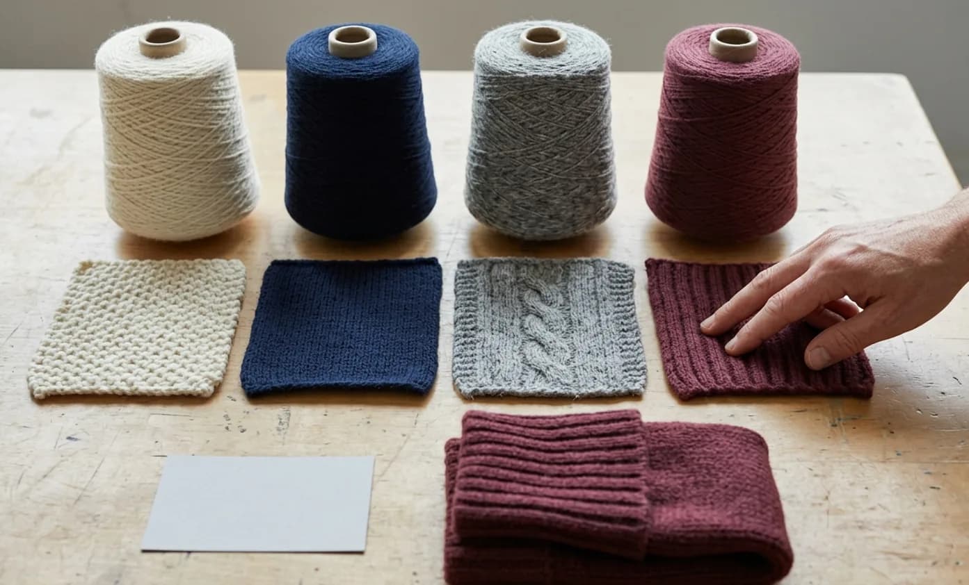 Knit yarn cones and swatches comparing softness, texture, and yarn composition.