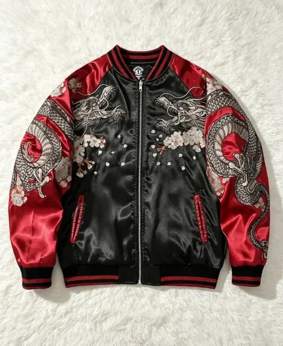 Custom embroidered bomber jacket, front view