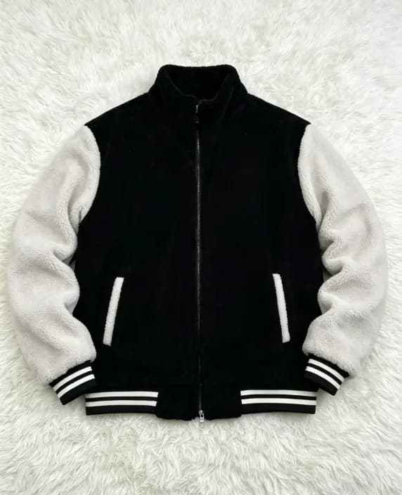 Custom sherpa varsity jacket, front view