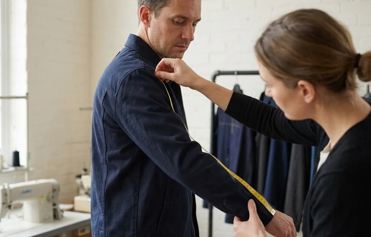 Product developer reviewing the fit of an unbranded jacket sample on a model.