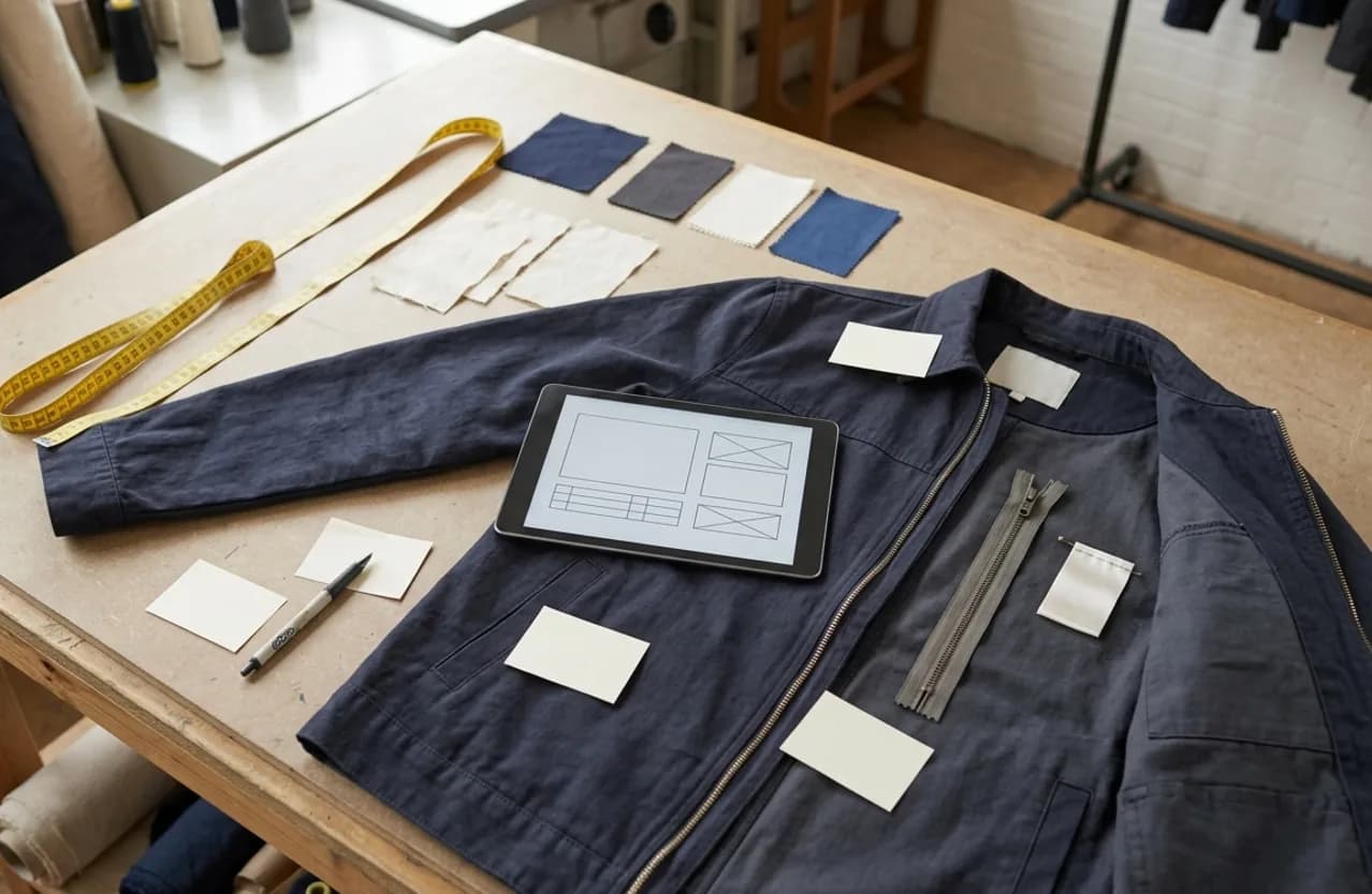 Structured apparel sample review with measurements, trim notes, and approval materials.